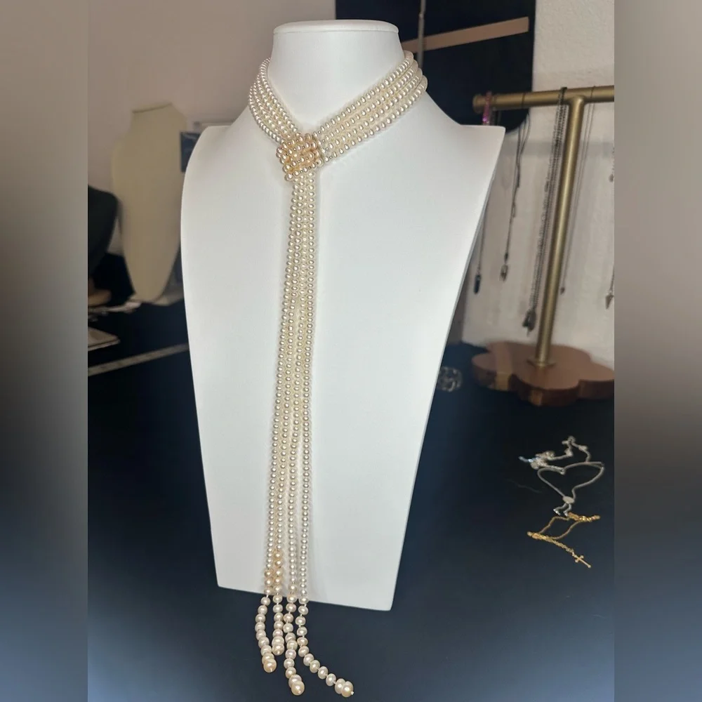 Multi-strand white cultured pearl lariat necklace with silver spacer beads, - Picture 7 of 7